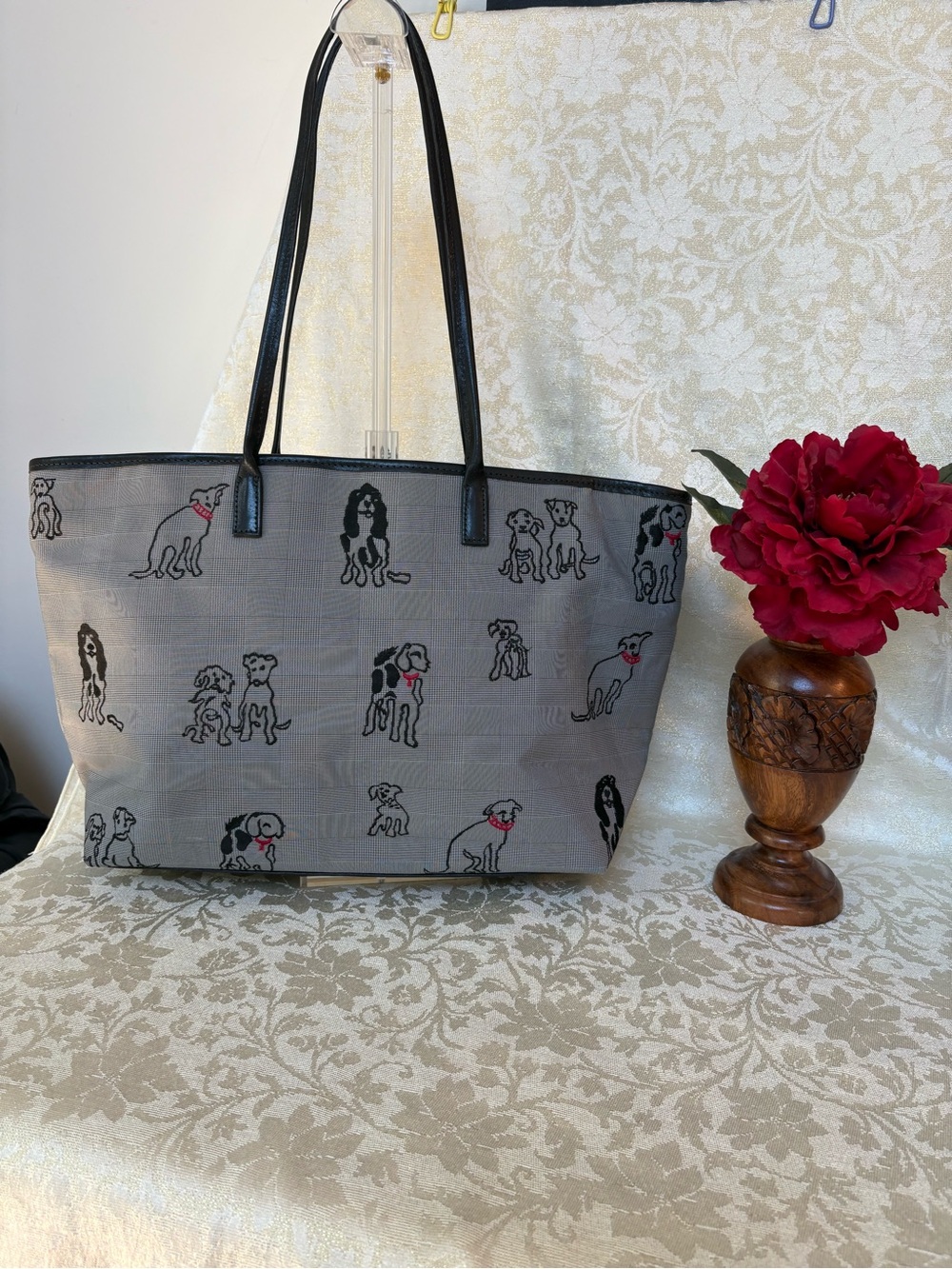 Clever Carriage Company Black & Gray with Red Accent Dog Print Tote Bag